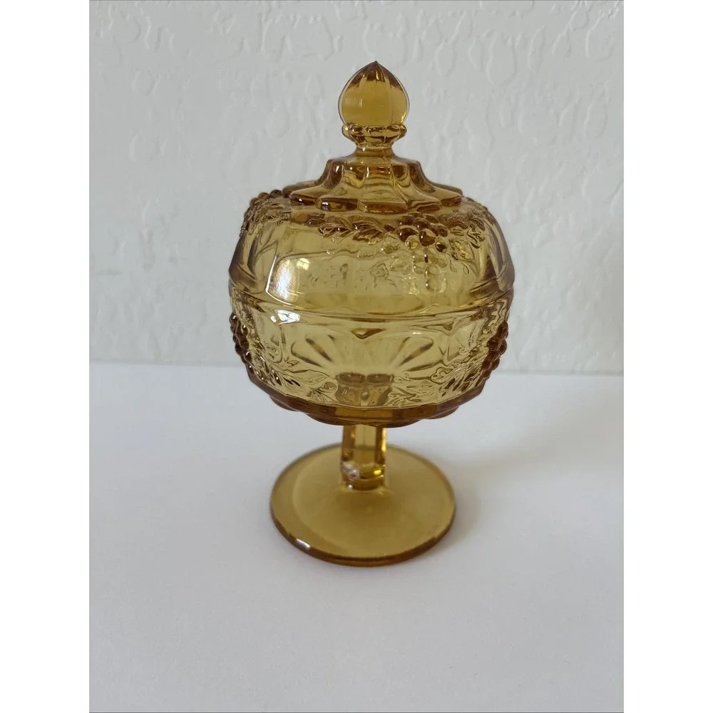Vintage Amber Glass Candy Dish With Lid Pedestal